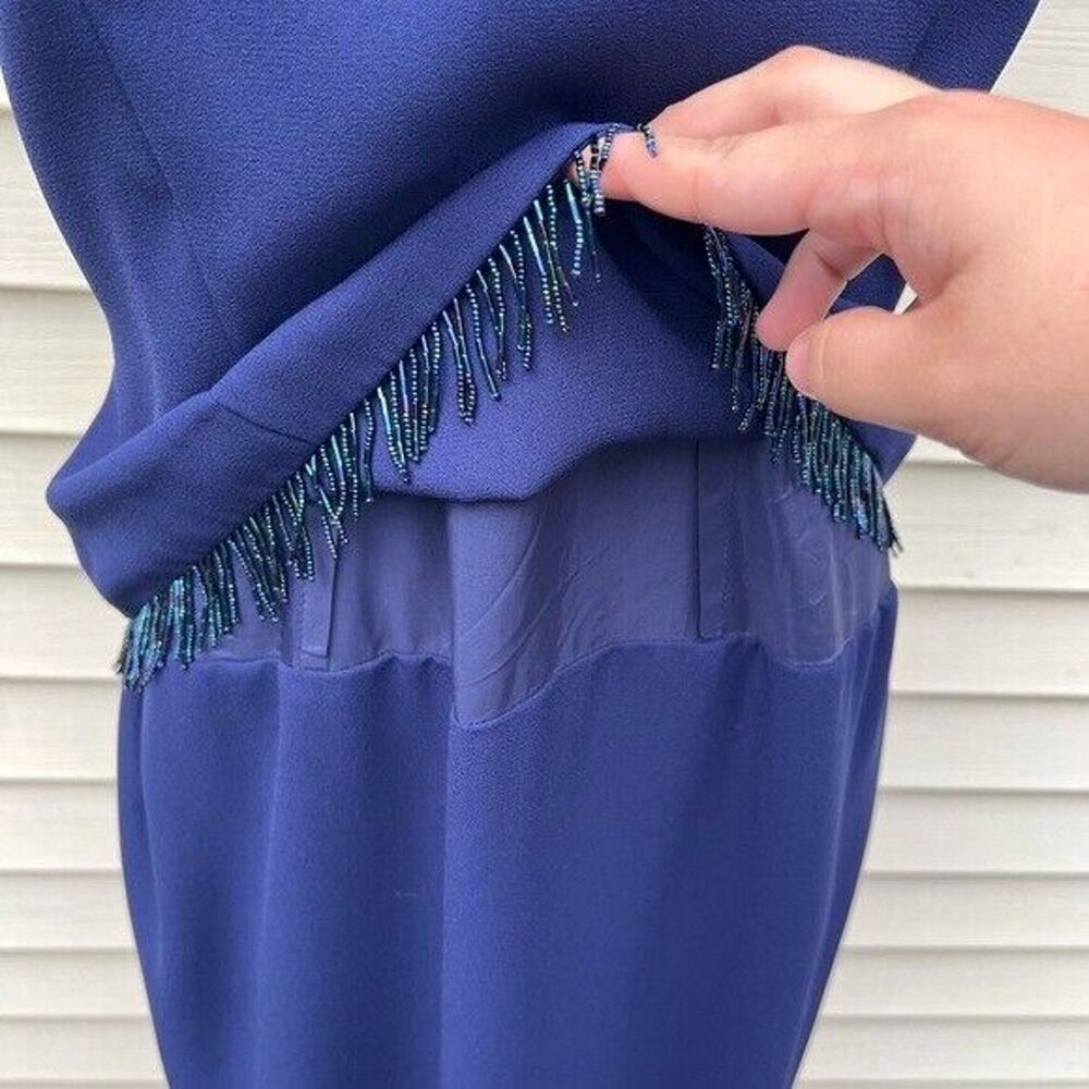 Navy blue vintage donna Morgan short sleeve round neck midi dress w/ beaded - Picture 6 of 9